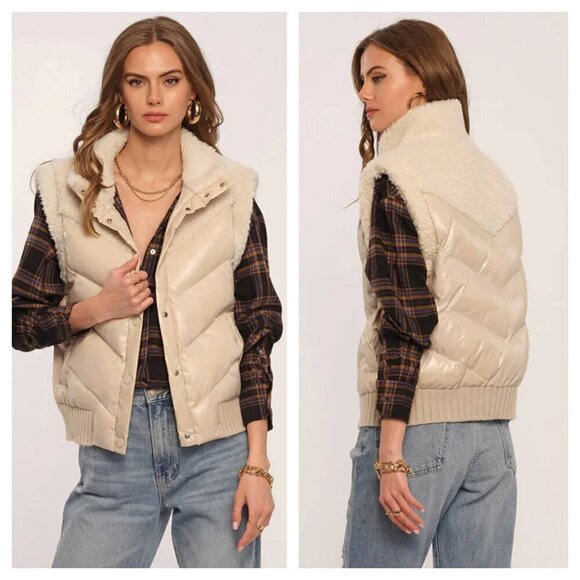 Heartloom Otis Vegan Leather Sherpa Puffer Vest Tan Cream Women's S - Picture 2 of 8